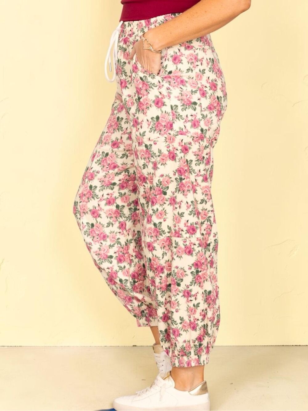 BiBi Floral Jogger Pants Pink Rose Drawstring Twill Elastic Waist Large NEW - Picture 4 of 12
